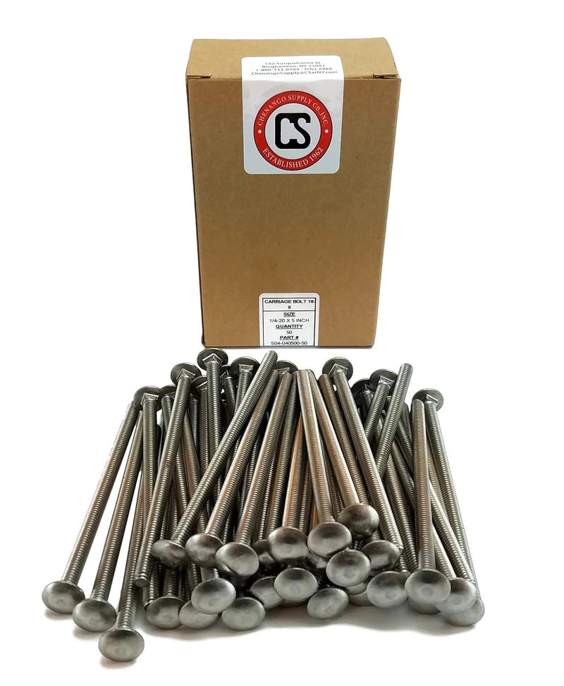Chenango Supply Stainless 1/4-20 x 5 Carriage Bolt (3/4" to 5" Lengths Available in Listing), 18-8 Stainless Steel,50 Pieces (1/4-20x5) - Image 2
